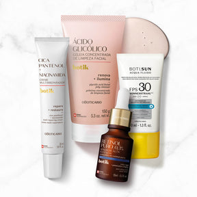 Combo Botik: serum facial retinol 15 ml +crema multireparadora cica pantenol 30 ml + gel limpieza vitamina b5 + protector solar fps 30 en Oboticário Colombia