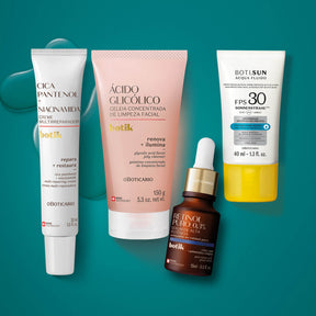 Combo Botik: serum facial retinol 15 ml +crema multireparadora cica pantenol 30 ml + gel limpieza vitamina b5 + protector solar fps 30 en Oboticário Colombia